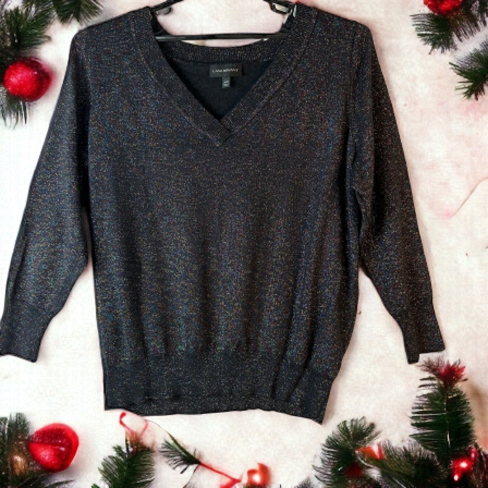 Lane Bryant PLUS size V-Neck Black Metallic Sparkle COTTON Sweater in US 26 28